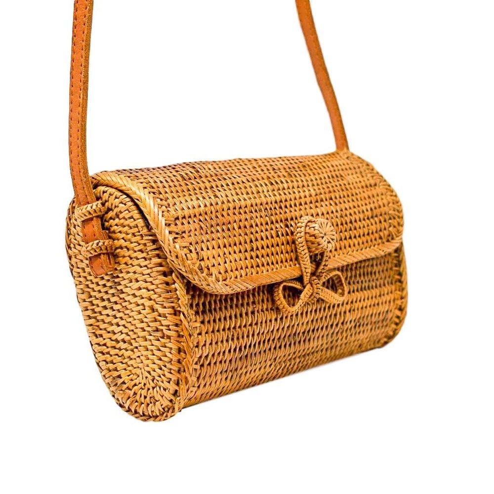 Poppy + Sage ✘ Bowtie Pippa Handmade Woven Rattan Leather Shoulder Bag Clutch - Picture 2 of 4